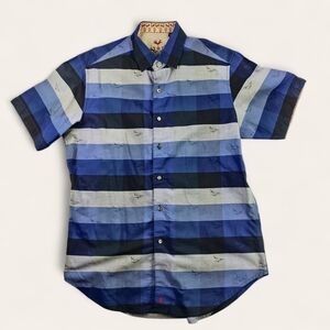 Robert Graham Men's Blue Graduation Plaid Shirt Luxury Designer Embroidery M